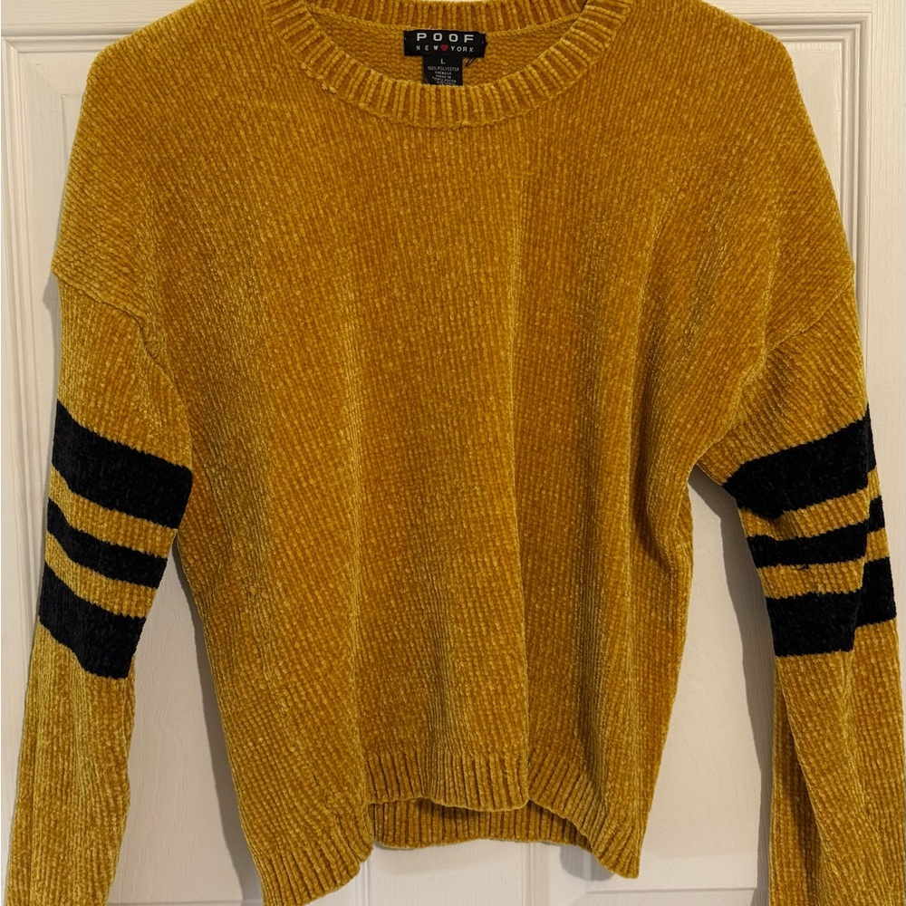 Poof! Mustard Sweater with Black Sleeve Stripes